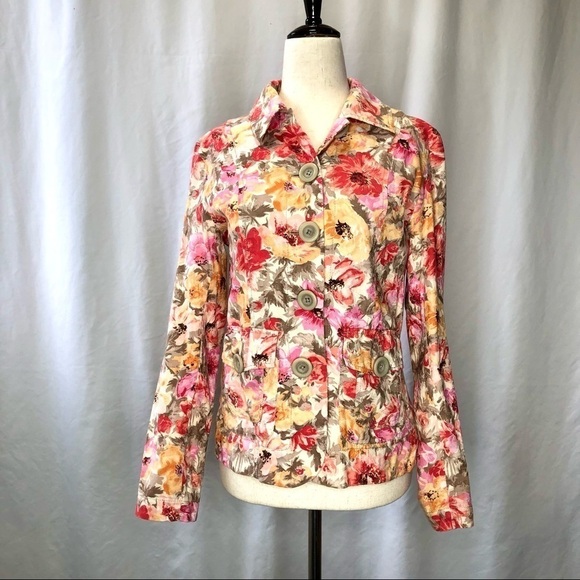 Coldwater Creek floral lightweight spring jacket pink yellow grey 4 - Picture 1 of 11